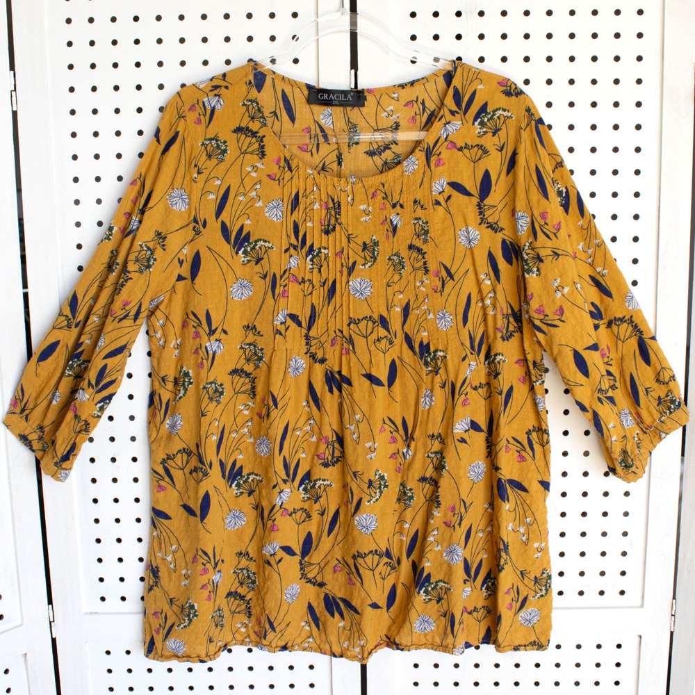 Gracila Womens SIZE 2XL Yellow Floral Pleated Tunic Top Boho